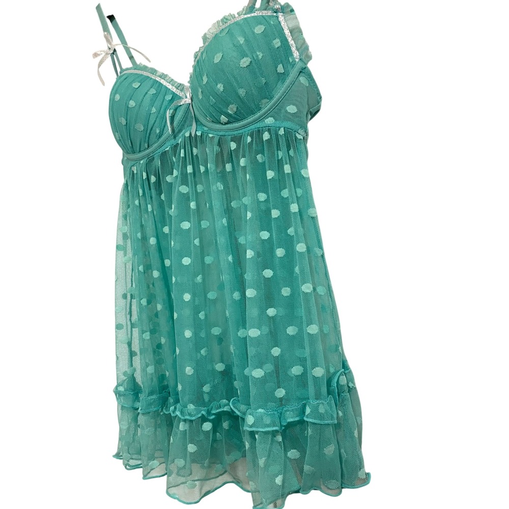 Babydoll Pastel Goth Chemise Soft Girl Womens L Teal Polka Dot Mesh Ruffle Bows - Picture 6 of 7